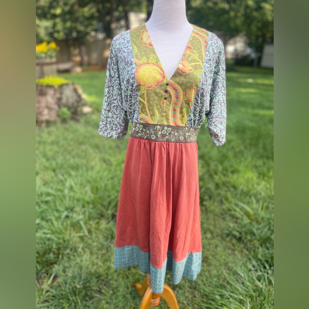 Matilda Jane Patchwork Boho hippie Prairie dress size medium orange, gold,  blue